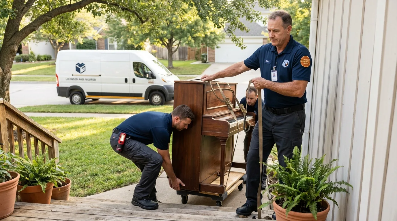 Licensed piano movers securing grand piano in Friday Harbor, WA