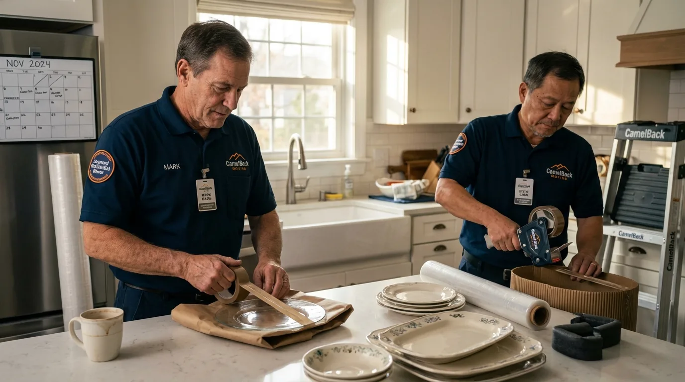Professional crew packing kitchen dishware in Friday Harbor, WA